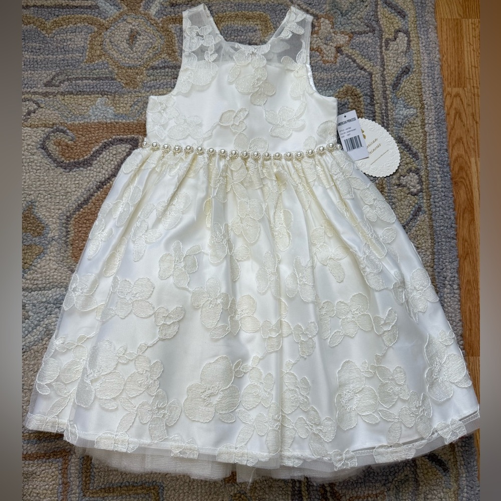 American Princess Ivory Floral Dress with Pearl Accents